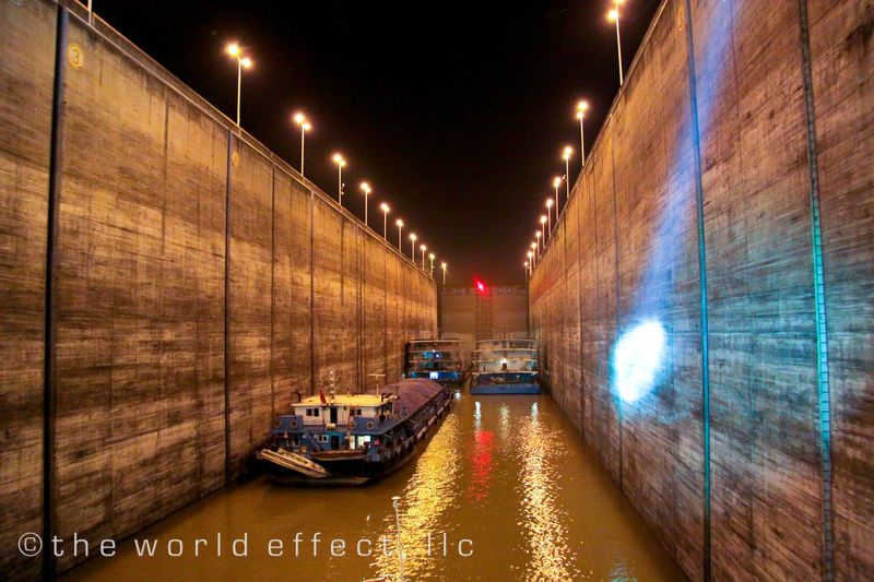 Going through the 3 gorges dam locks at night. Yangtze River, China